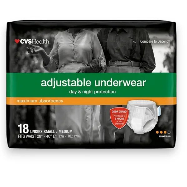 CVS Health Unisex Állítható Inkontinencia Alsónemű – Maximum Nedvszívó képesség, Small/Medium (18 db)